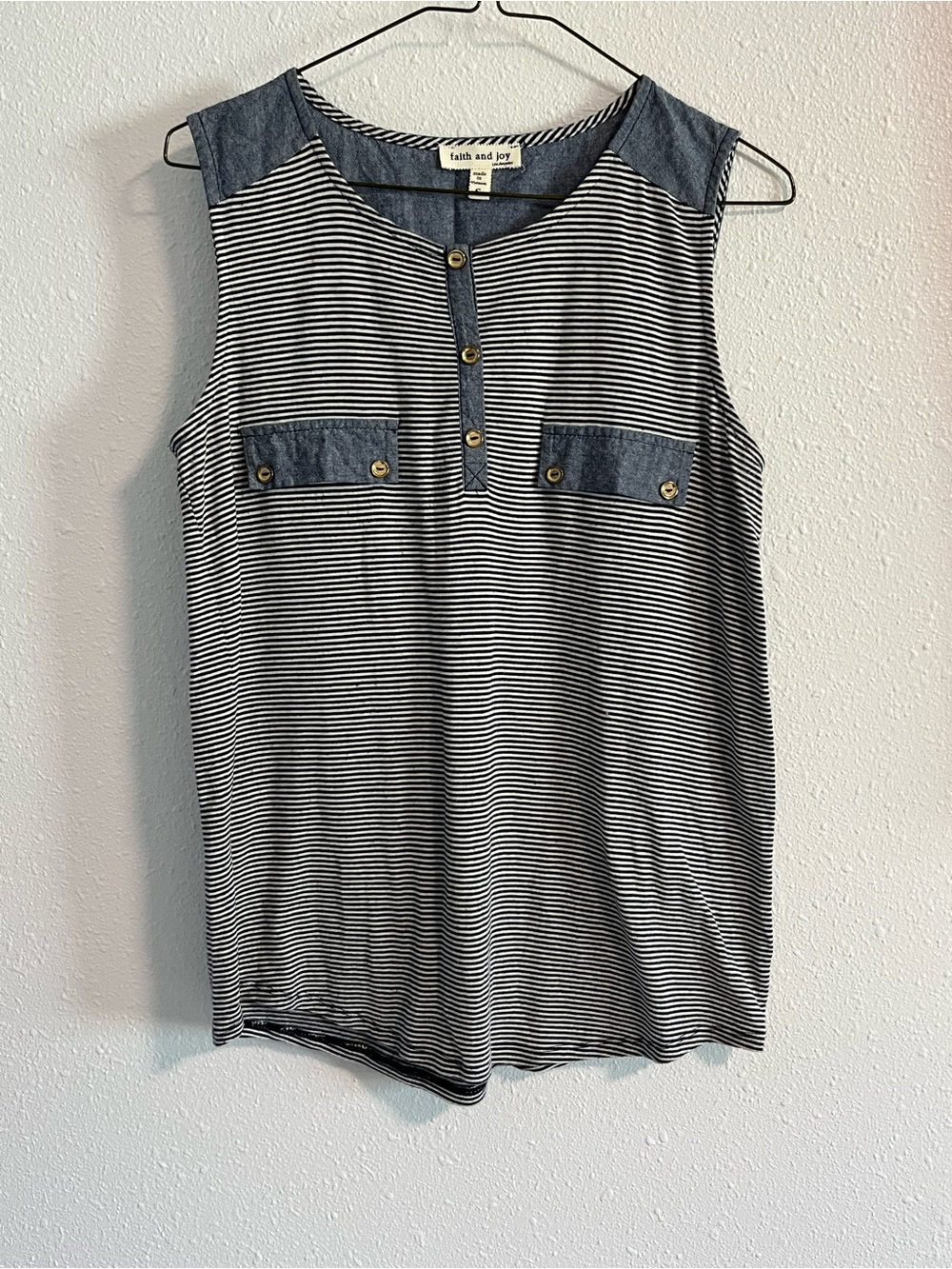 Faith and Joy Navy White Striped Sleeveless Henley Chambray Accents Size Small